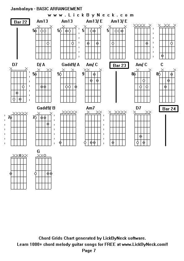 Chord Grids Chart of chord melody fingerstyle guitar song-Jambalaya - BASIC ARRANGEMENT,generated by LickByNeck software.